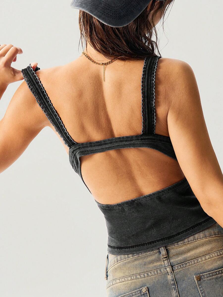 Bohemela 女士纯色针织V领修身短款上衣，休闲夏季度假风 - 黑色 - 查看 1