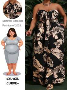 SHEIN CURVE+ مجموعة قطعتين من ملابس علوية كروب مطبوعة بنباتات استوائية مع عقدة وبنطلون واسع الساق لمقاسات كبيرة، ملابس للعطلات، منحنيات زائدة، بوهيمي للعطلات، ملابس عطلات شاطئية للمرأة/فستان شاطئي/ملابس عطلات شاطئية/أساسيات شاطئية/تخرج/فستان حفلة الشاي/صيف/ريفي/ملابس عطلات شاطئية/ملابس شاطئية/ملابس شاطئية