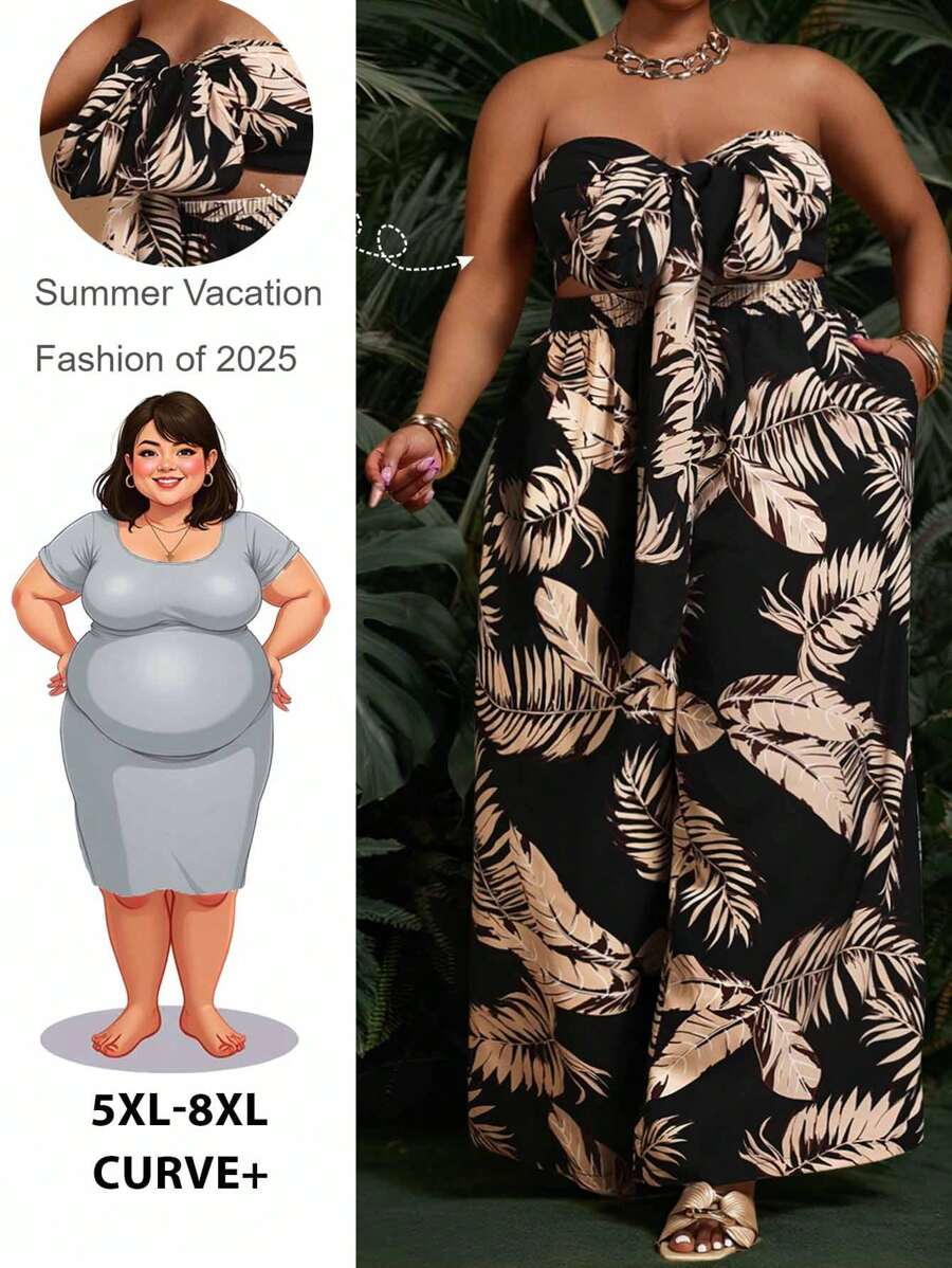 SHEIN CURVE+ مجموعة قطعتين من ملابس علوية كروب مطبوعة بنباتات استوائية مع عقدة وبنطلون واسع الساق لمقاسات كبيرة، ملابس للعطلات، منحنيات زائدة، بوهيمي للعطلات، ملابس عطلات شاطئية للمرأة/فستان شاطئي/ملابس عطلات شاطئية/أساسيات شاطئية/تخرج/فستان حفلة الشاي/صيف/ريفي/ملابس عطلات شاطئية/ملابس شاطئية/ملابس شاطئية