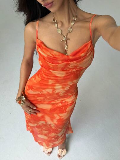 Aloruh Vestido Longo Sereia Laranja com Alças Finas e Estampa Floral, Elegante para Férias, Roupas Boêmias, Vestido Bodycon