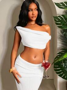 SHEIN SXY 2 bộ trang phục lưới đan móc màu be thanh lịch cho kỳ nghỉ: Áo hở vai bất đối xứng + Chân váy xẻ tà eo bất đối xứng, trang phục thường ngày cho kỳ nghỉ hè - trắng - Xem 4