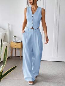SHEIN EZwear 条纹背心和休闲长裤套装，夏季假日办公室服装女士商务女性服装职业女性秋冬服装 - 藍白色 - 查看 4
