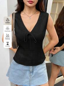 SHEIN EZwear 女士V领亚麻背心，适合夏季度假