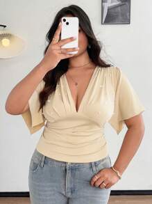 SHEIN Unity Blusa para mujer talla grande elegante y sexy con cuello en V ajustada y decorada con perlas - Albaricoque - Ver 4