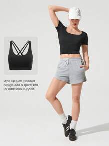 GLOWMODE Top court à manches courtes col carré ultra doux Move Free, pour le yoga à faible impact, le Pilates, la salle de sport et le port quotidien casual