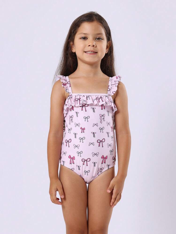One-Piece Bow Print Ruffle Strap Swimsuit