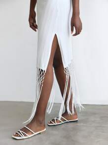 Maija Women's White Ivory V-Neck Fringed Pendant Hem Spring&Summer Bohemian Chic Elegant Vacation Holiday Autumn Fitted Tie-Up Maxi Knitted Dress - White - View 5
