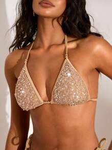 Opulessa Áo bikini hai mảnh gợi cảm màu trơn đính sequin dành cho nữ, thích hợp đi biển, nghỉ lễ, phong cách Y2K mùa thu và đông, Halloween, câu lạc bộ gợi cảm, thường ngày, kỳ nghỉ, kỳ nghỉ hè, thanh lịch, đi chơi, tiệc tùng. - màu nâu - Xem 5