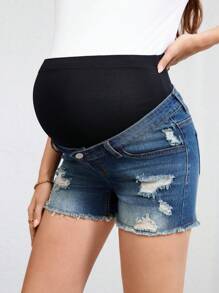 SHEIN 孕妇夏季破洞毛边牛仔短裤 夏季节日 - 中等水洗藍 - 查看 1