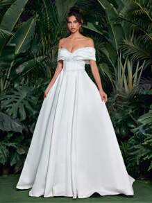 Glamrae Elegant White Satin Simple & Generous Off Shoulder Neckline Luxurious Pearl Rhinestone Decor Cinched Waist Flared A-Line Hem Adjustable Back Tie Trailing Bridal Wedding Dress, Bride - White - View 5