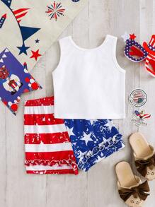SHEIN Baby Girl 2pcs Set Casual Simple Comfortable Scoop Neck Sleeveless Tank Top And Shorts - Blue and White - View 6