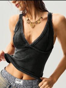 Bohemela 女士纯色针织V领修身短款上衣，休闲夏季度假风 - 黑色 - 查看 2