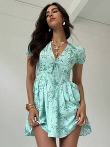 Aloruh Women's V-Neck Ruched Mini Dress With Vacation Beach Print - Green - View 4