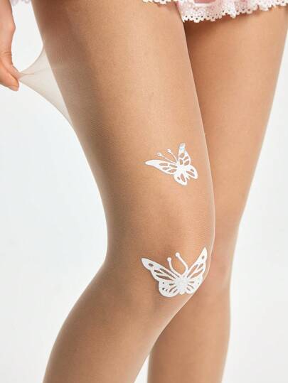 Fairycore 1 Pair Sweet Innocent Style White Butterfly Pattern Flesh-Tone Pantyhose