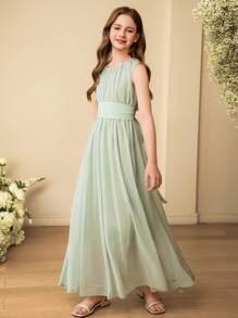 SHEIN 女孩优雅简约雪纺圆领无袖束腰长款绿色连衣裙，飘逸伴娘花童派对婚礼宾客礼服 - 綠色 - 查看 3