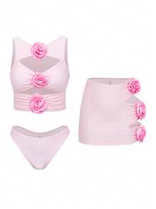 Swim Oasis 3pcs/Set Elegant Women's Swimsuit With Light Pink Floral Decoration, Casual Beach Wear For Summer Beach Vacation