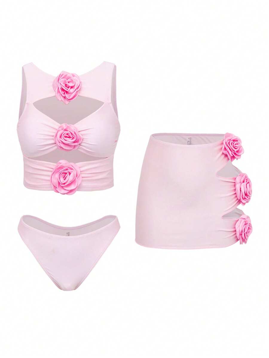 Swim Oasis 3pcs/Set Elegant Women's Swimsuit With Light Pink Floral Decoration, Casual Beach Wear For Summer Beach Vacation