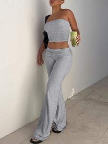 INAWLY 2pcs/Set Slim-Fit Sexy Ruffle Bandeau Top And Bell-Bottom Pants Set