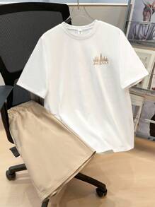 SHEIN 2pcs Tween Boys Casual Colorblock Blue, Army Green, Khaki, Black Striped & Letter Print Short Sleeve T-Shirt And Drawstring Shorts Set, Suitable For Home, Outing, School, Holiday, Travel, Spring/Summer