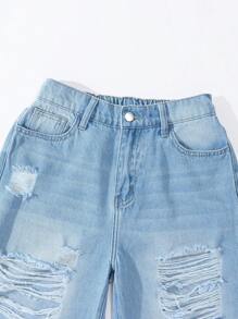 SHEIN Explorewe Teen Girls Y2K Style Casual Elastic Waist Distressed Light Wash Blue Straight Leg Jeans Loose Jeans With Oversized Ripped Street Style Holes