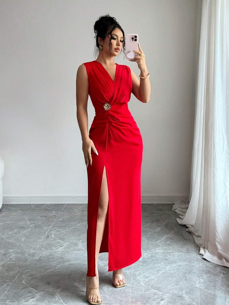 Rafferiza 女士宴会礼服，开衩褶皱设计，修身剪裁 - 紅色 - 查看 1