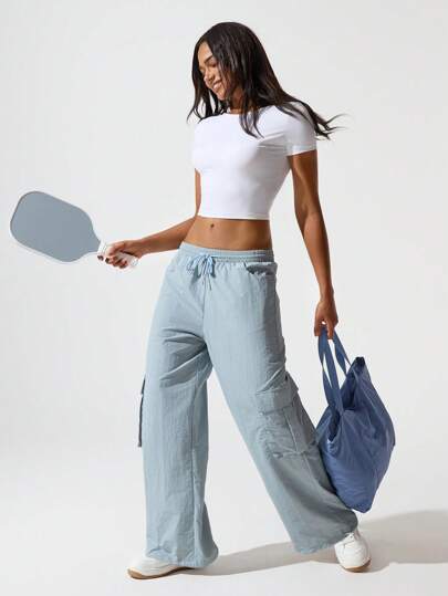 Hanevo 女式灰色运动收腰锥形裤腿工装口袋装饰直筒裤