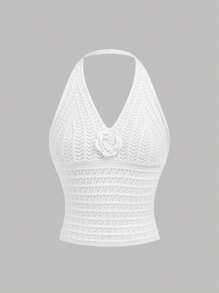 SHEIN Girlism Teen Girl Summer Holiday 3D Floral Decor Backless Halter Neck Cover Up/Top - White - View 1