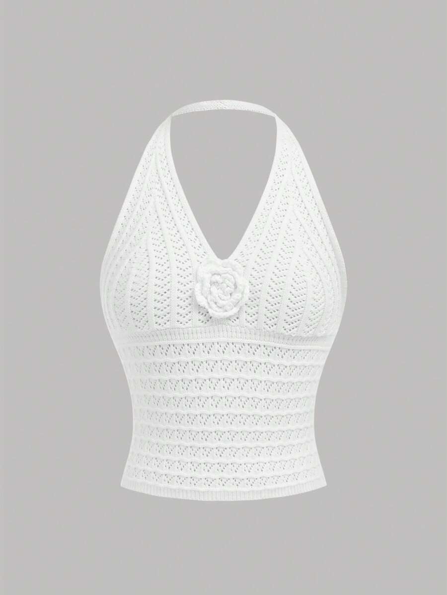 SHEIN Girlism Teen Girl Summer Holiday 3D Floral Decor Backless Halter Neck Cover Up/Top - White - View 1