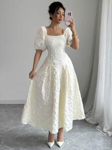 Chiquease Damen Strukturiertes Puffärmel Kleid in knöchellanger Länge