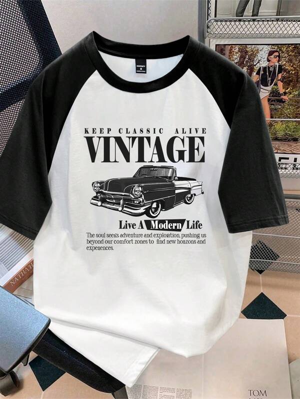 Manfinity Joysei Standard Size Men's Casual Retro Car Pattern Raglan T-Shirt, Suitable For Summer, Gift For Friends