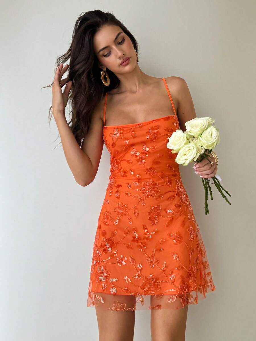 Aloruh Women's Spring Summer Resort Butterfly Sequins Embroidered Open Back Crisscross Tie Flared Hem Orange Mini Dress - Yellow - View 1