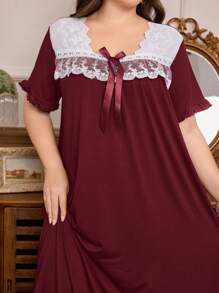 SHEIN 大码法式复古宫廷风优雅网眼蕾丝拼布柔软亲肤红色牛奶丝中长宽松休闲睡裙，Moo Moo 睡裙