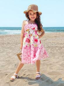 SHEIN Young Girl Loose Casual Simple Comfortable Suspender Ruffle Sweet Cute Dress - Pink - View 13