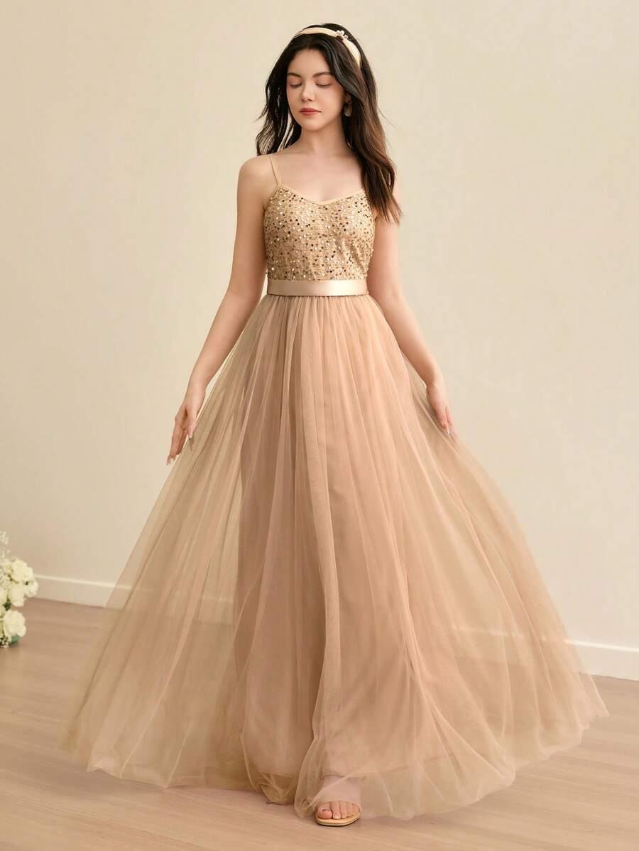 SHEIN Đầm dài thắt eo lưới đính sequin thanh lịch cho bé gái tuổi teen, thích hợp cho đám cưới, tiệc tùng, biểu diễn, sinh nhật, Halloween, Giáng sinh, Phục sinh và các ngày lễ khác - Rượu sâm banh - Xem 1