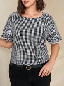 Chikora Curve Plus Size Women's Romantic And Elegant Daily Casual Commuting Black Texture Plaid Fabric Pleated Frill Edge Short Sleeve Round Neck Loose Shirt,Business Casual Woman,Going Out Tops Women,Office Outfits For Women,Work Clothes Women,Teacher Outfits For Women,Gingham - Black and White - View 1