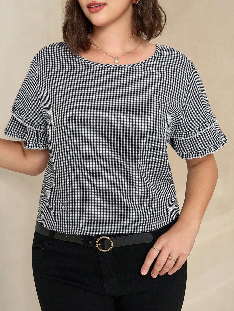 Chikora Curve Plus Size Women's Romantic And Elegant Daily Casual Commuting Black Texture Plaid Fabric Pleated Frill Edge Short Sleeve Round Neck Loose Shirt,Business Casual Woman,Going Out Tops Women,Office Outfits For Women,Work Clothes Women,Teacher Outfits For Women,Gingham - Black and White - View 1