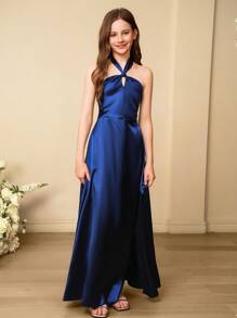 SHEIN 婚礼季女童高端修身露背亮缎连衣裙，适合舞会、婚礼、生日派对、圣诞节、万圣节、感恩节