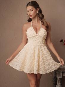 SHEIN Unity Vestido de fiesta de té color albaricoque de manga corta con cuello en V, lazo en el cuello, decoración con perlas y cadena, textura de tela floral romántica con encaje elegante, para primavera/verano - Albaricoque - Ver 3