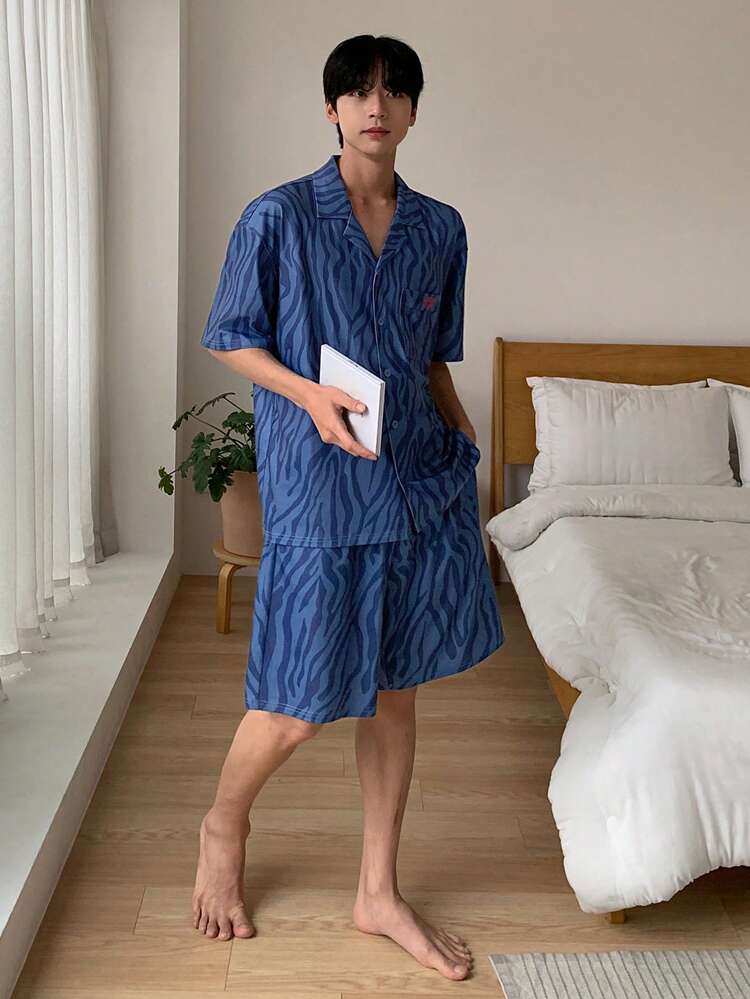 Summer Letter & Floral Print Blue Shirt And Men's Loungewear Set Pajama