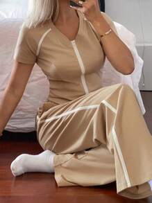 DAZY Conjunto de ropa de estar en casa de punto de dos tonos y estilo deportivo para mujer