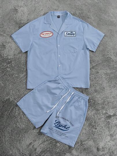 PAVTROS Manfinity Streetrush 2 件套男士休闲条纹字母印花短袖衬衫和短裤套装，夏季，时尚休闲，街头服饰，适合送给男朋友的礼物，街头服饰，复古两件套，舒适服装