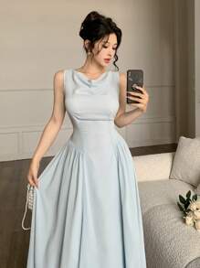 Modelyn Asymmetrical Neckline Fashion Dress - Baby Blue - View 3