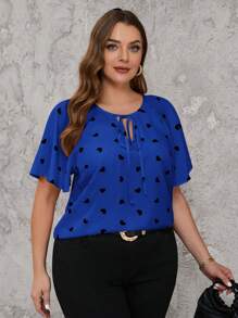SHEIN Clasi Camisa de manga raglán con estampado de corazones, talla grande, de verano - azul real - Ver 3