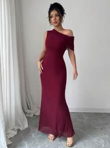 Modelyn Vestido de cóctel ajustado a la cintura con escote en V sin mangas y malla, elegante - Burdeos - Ver 5