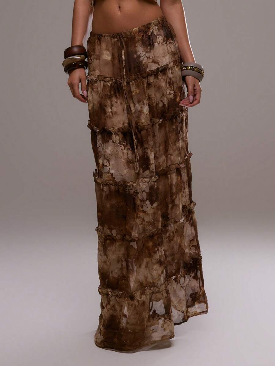 MUSERA Chân váy maxi xếp tầng bằng vải lưới in họa tiết, thắt eo, thích hợp cho kỳ nghỉ hè ở Ibiza, phong cách dễ thương, lãng mạn, lễ hội, đi biển. - Nhiều màu - Xem 1