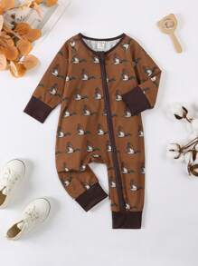 SHEIN Playful Pals Kids Fall Winter Long Sleeve Zip Romper, Retro Brown Cute Duck Print, Great For Daily Trips, Free Movement For Crawling & Walking - Brown - View 3