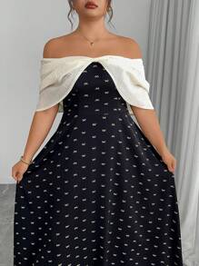 Modelyn Plus Size Black Print Contrast Apricot Butterfly Off Shoulder Cinched Waist A-Line Dress - Black - View 3