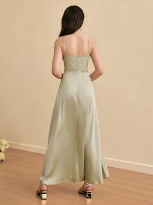 SHEIN 青少年女孩荷叶边 V 领分层细肩带派对礼服，伴娘婚礼正式服装