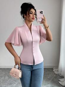 Selianne Elegant Vacation Romantic Commute Oversized Ruffled Sleeve Chiffon Flowy Sleeve Satin Blouse For Women - Pink - View 1