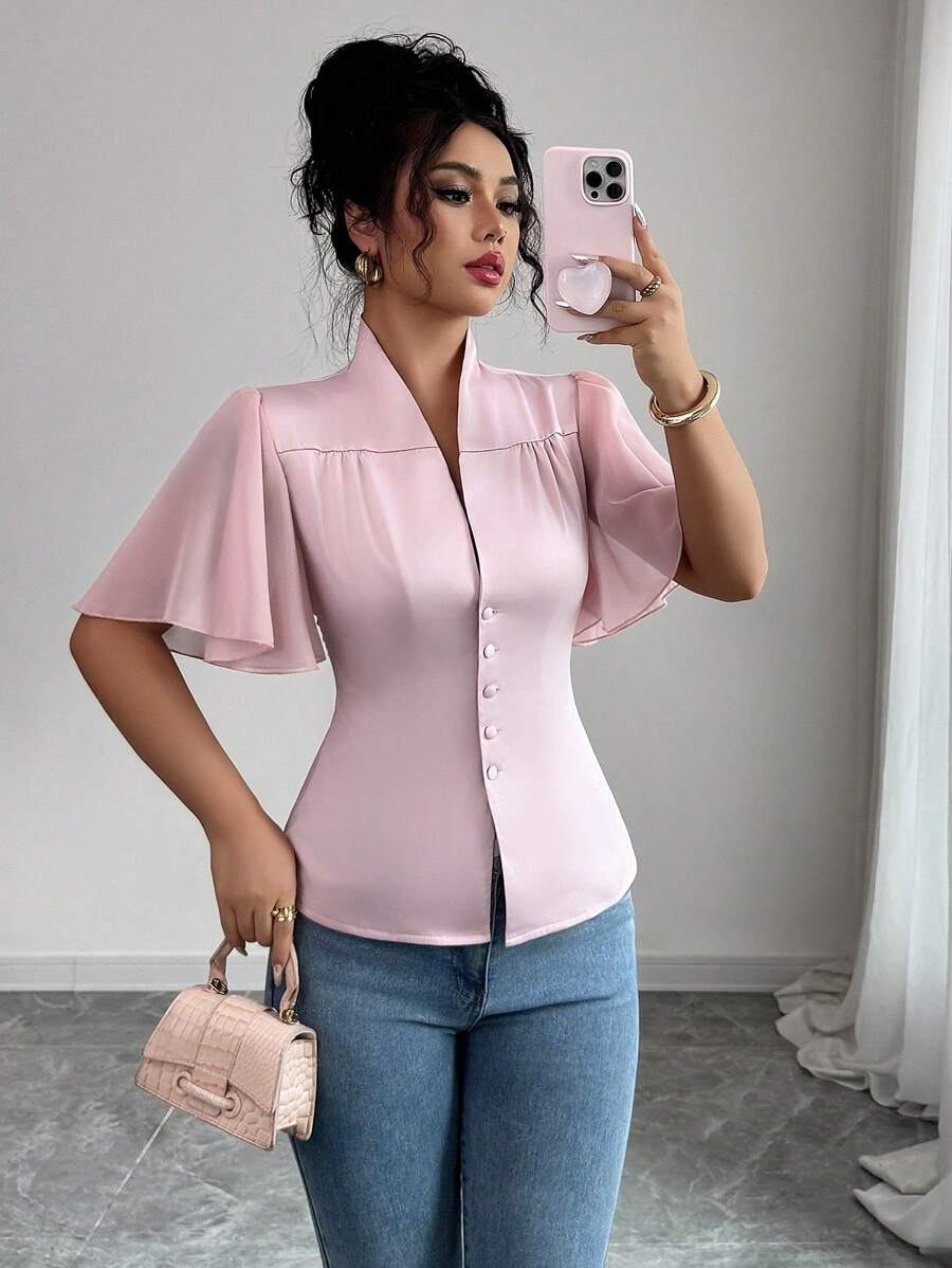 Selianne Elegant Vacation Romantic Commute Oversized Ruffled Sleeve Chiffon Flowy Sleeve Satin Blouse For Women - Pink - View 1
